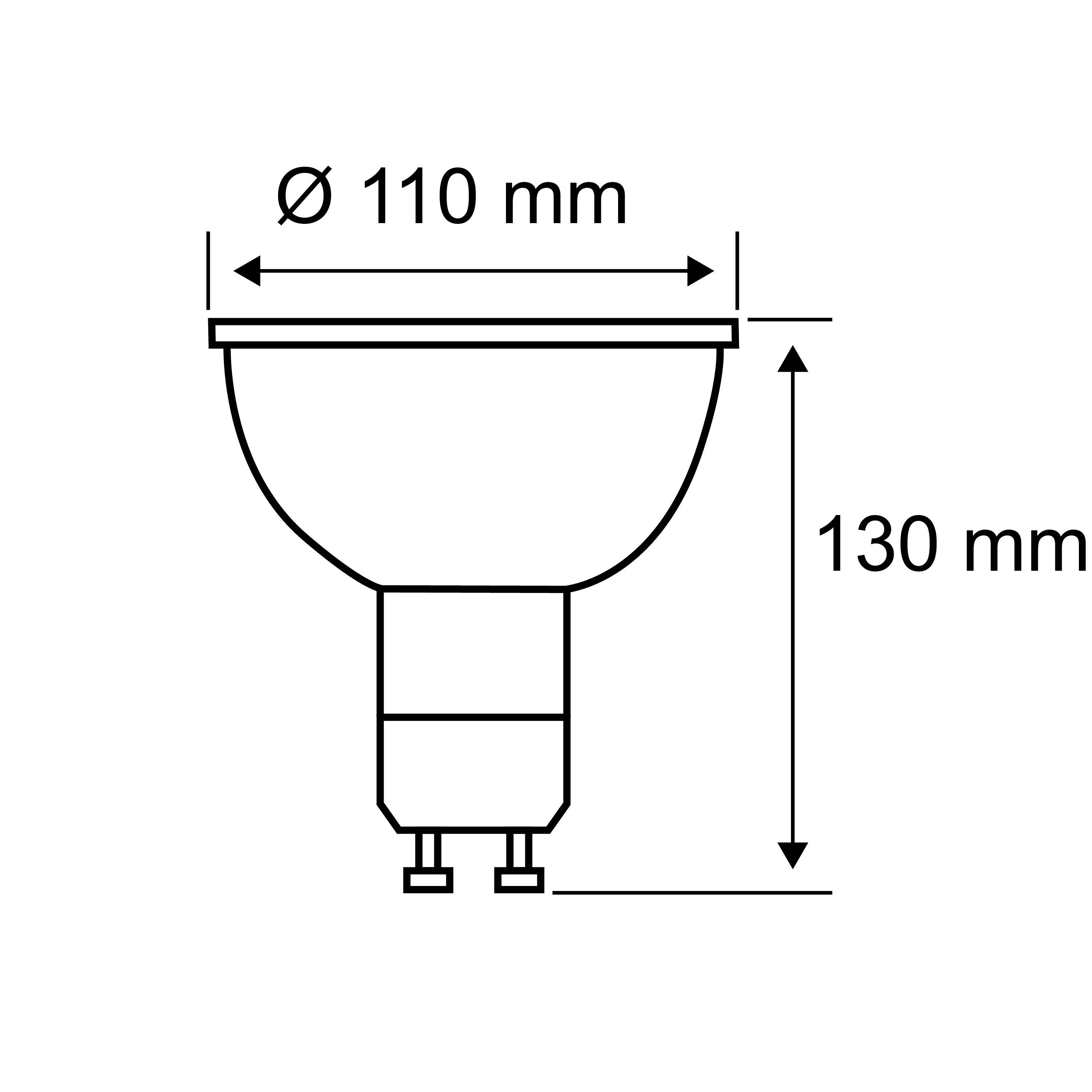 'Egy izzólámpa méretei: 110 mm átmérő, 130 mm magasság.'