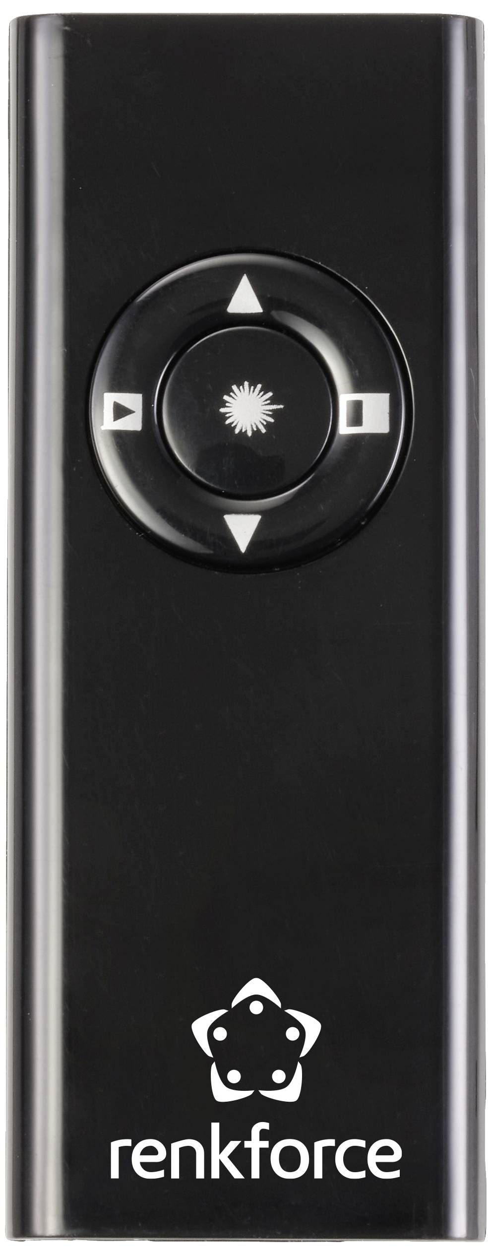 Fekete távirányító egy irányítógombbal középen és a 'renkforce' logóval alul. Készülékek vezérlésére szolgál.