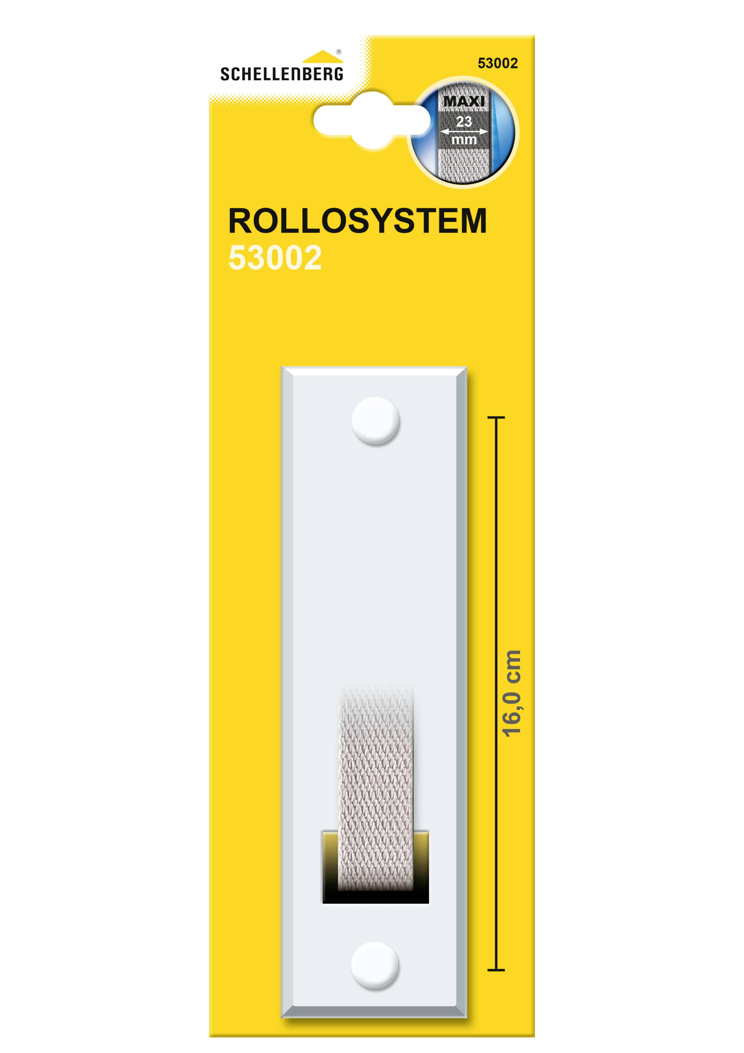 Egy roló rendszer csomagolási címkéje a 'Rollo System 53002' felirattal, Schellenberg logóval, mérete 16,0 cm.