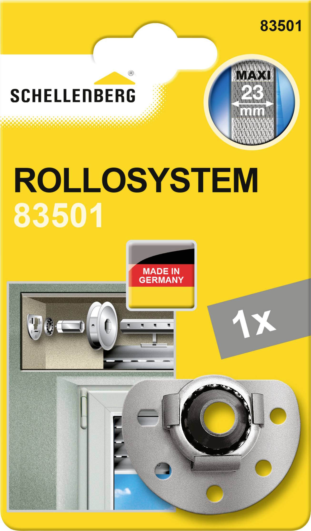 'Rollosystem 83501' csomagolás a Schellenberg-től, egy rolórendszer képével és a 'Made in Germany' felirattal, 23 mm-es Maxi típushoz alkalmas.