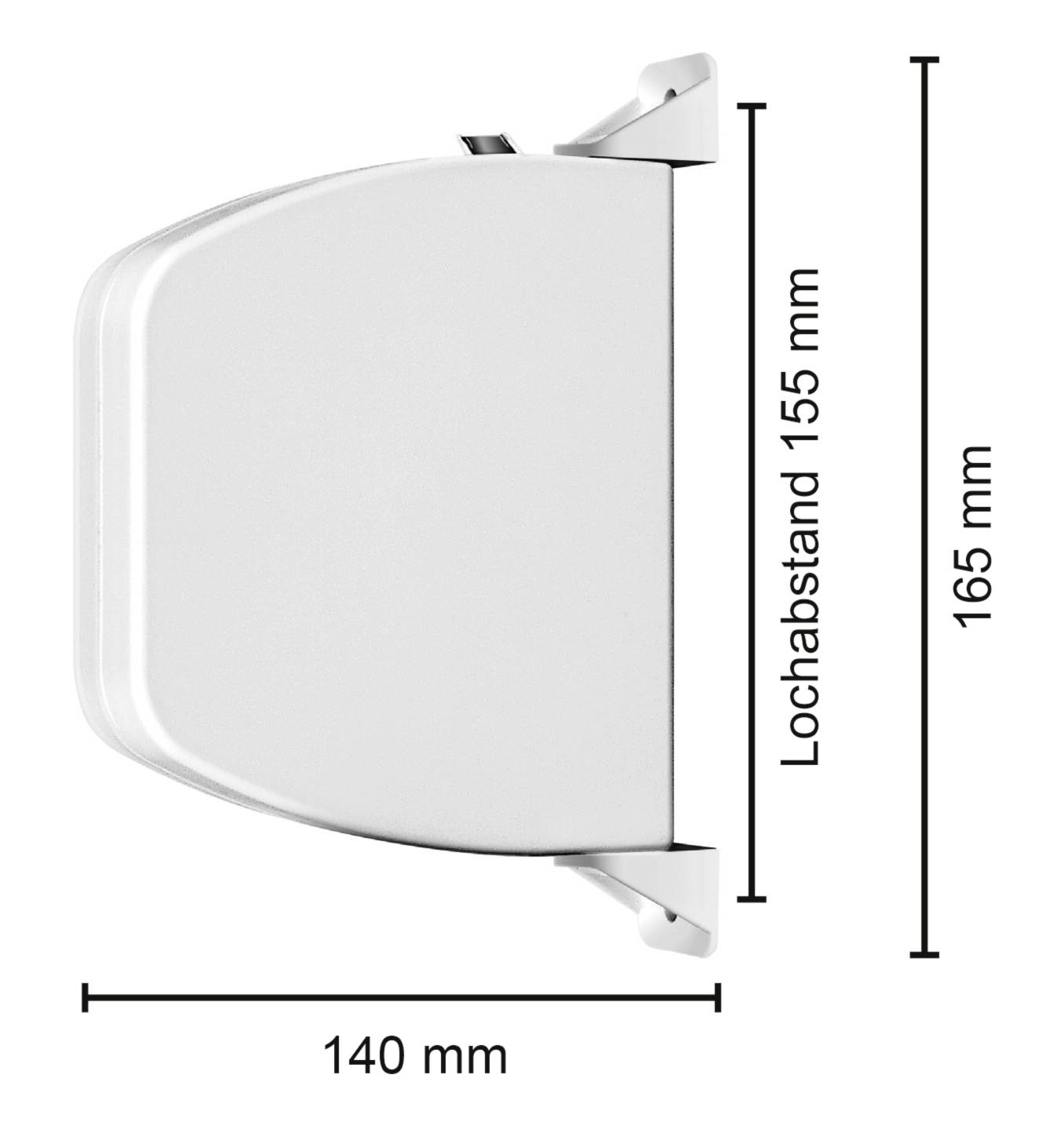 Egy szürke fali konzol képei méretekkel: magasság 165 mm, szélesség 140 mm, lyuktávolság 155 mm.