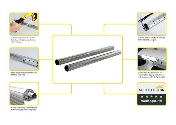 Diagramm, das die Komponenten eines Rollladensystems mit Illustrationen und Text auf Deutsch zeigt. Das zentrale Bild zeigt zwei Metallrollrohre. Die umgebenden Bilder stellen Werkzeuge und Installationsschritte dar.