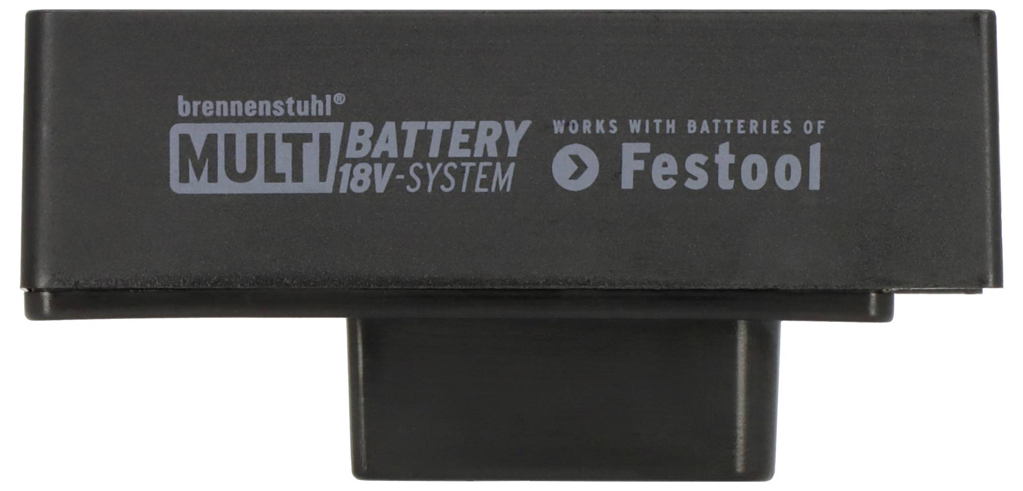 Fekete Brennenstuhl Multi Battery 18V rendszer adapter, amely "Működik a Festool akkumulátoraival" felirattal van ellátva, fehér háttéren.
