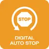 'Narancssárga STOP feliratú nyolcszögű jelzőtábla, körívvel körülvéve, alatta a 'DIGITAL AUTO STOP' felirattal.'