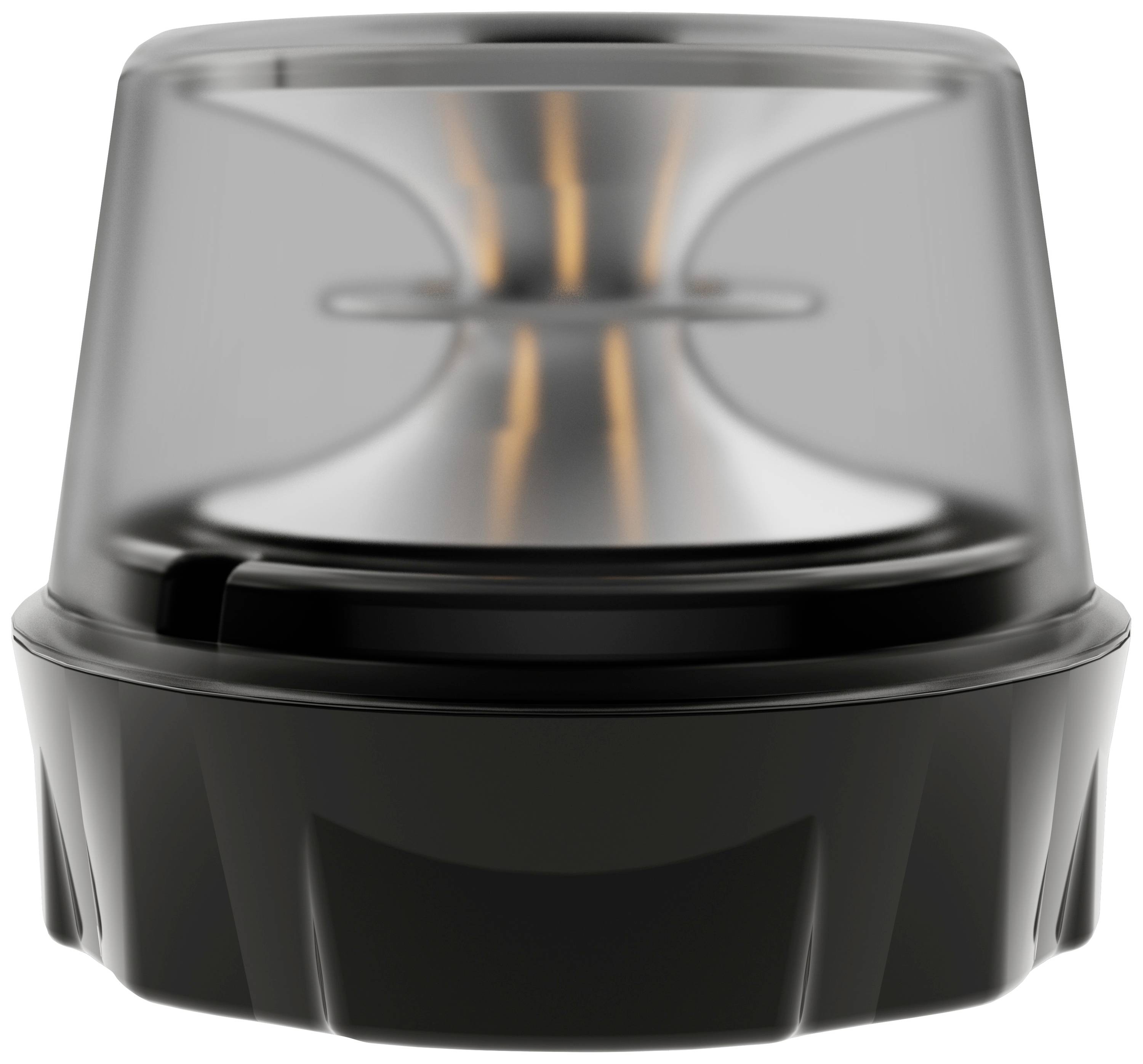 Egy fekete, kerek LED-es világítófej átlátszó házban, amely belülről narancssárga fényt mutat. Járművekbe történő beépítésre alkalmas.