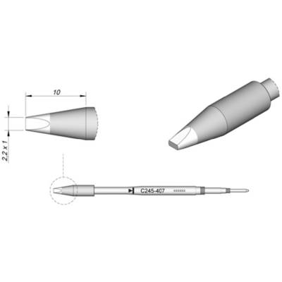 Forrasztóhegy C245-407 lapos, ferdén levágott hegyű, méretei 2,2 x 1 és 10 mm. Precíziós forrasztáshoz alkalmas.