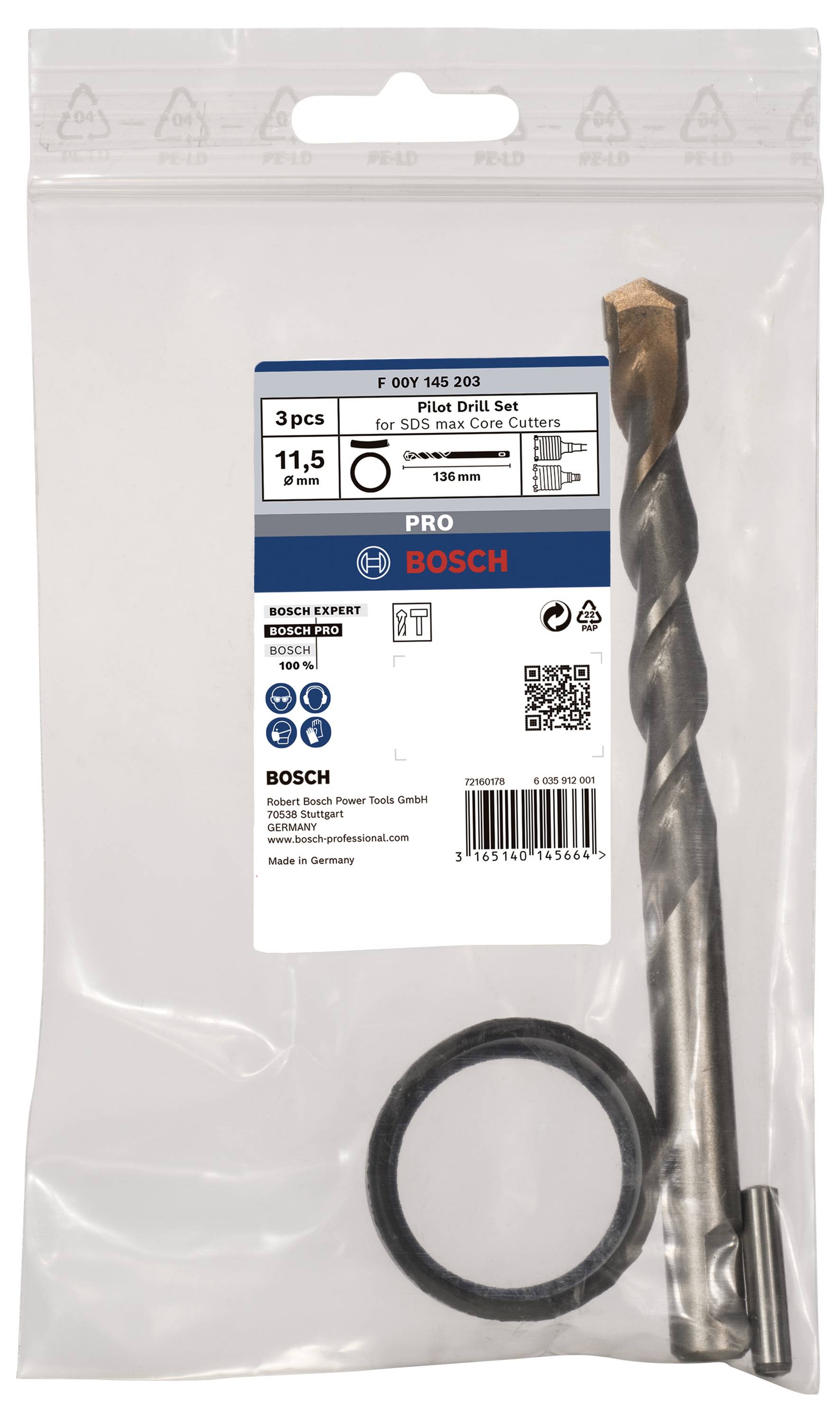 Bosch SDS Plus fúrószár készlet, 3 részes, 11,5 mm átmérővel. Tartalmaz fúrószárakat és körkivágó tartozékokat csomagolásban.