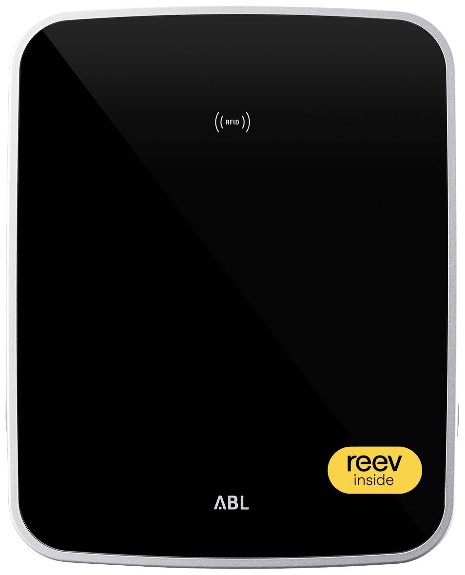'Töltőállomás RFID-szimbólummal felül, sárga "reev inside" logóval lent jobbra, ABL márka lent fehérben fekete háttéren.'