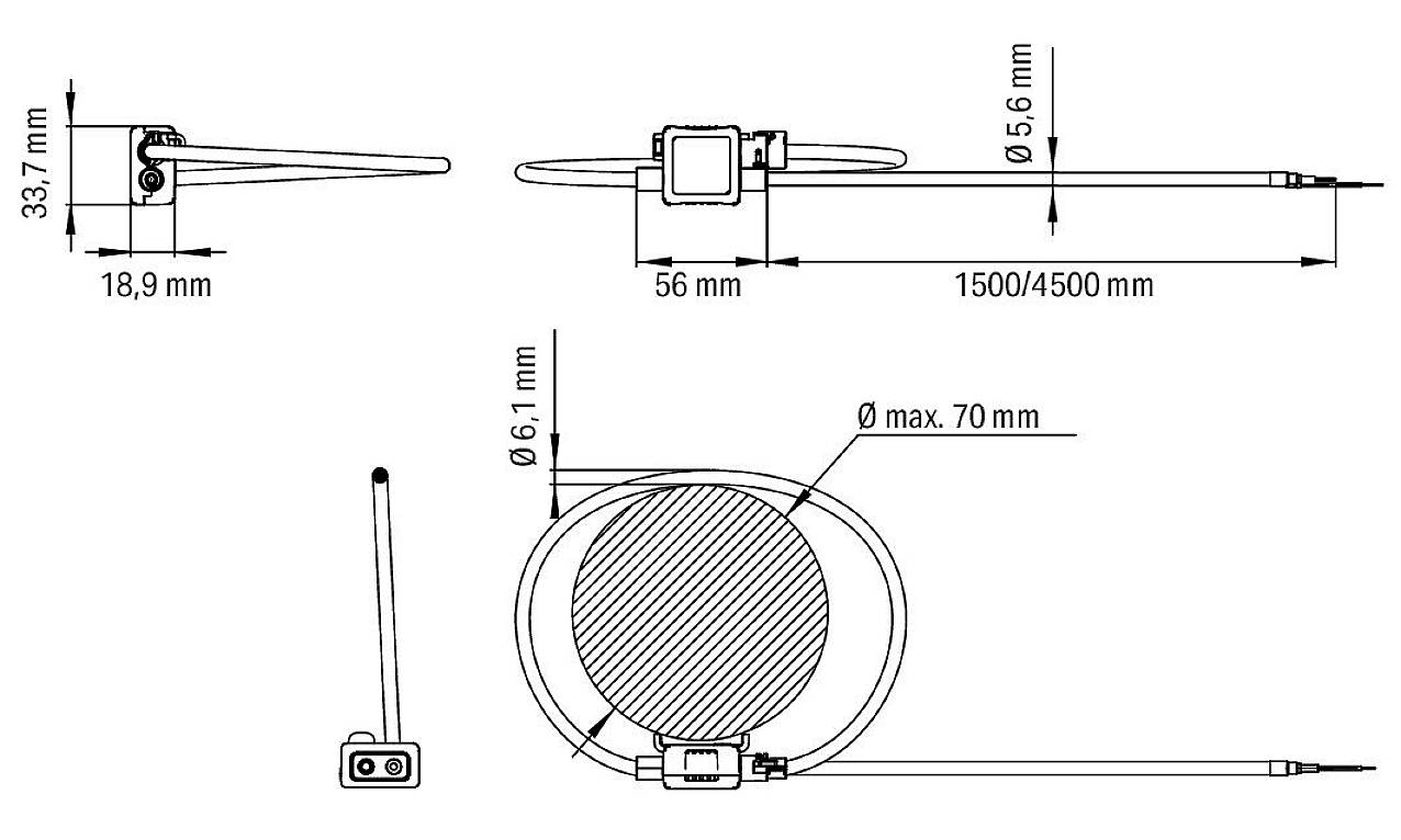 Egy vezeték nélküli eszköz műszaki rajza: méret 33,7 mm x 18,9 mm, kábel átmérője 5,6 mm, kábel hossza 1500/4500 mm, max. 70 mm átmérő.
