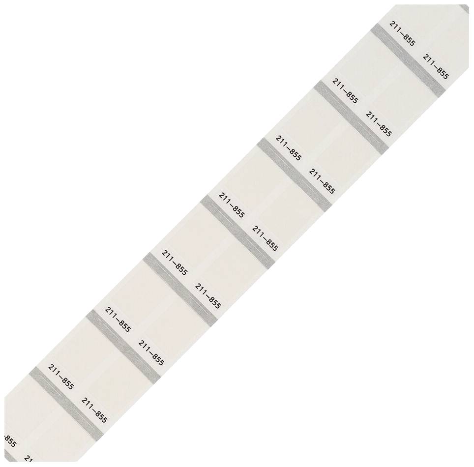 Fehér ruhaméret-címkék egy textilszalagon, amelyen rendszeres időközönként a '211-955' szám van nyomtatva.