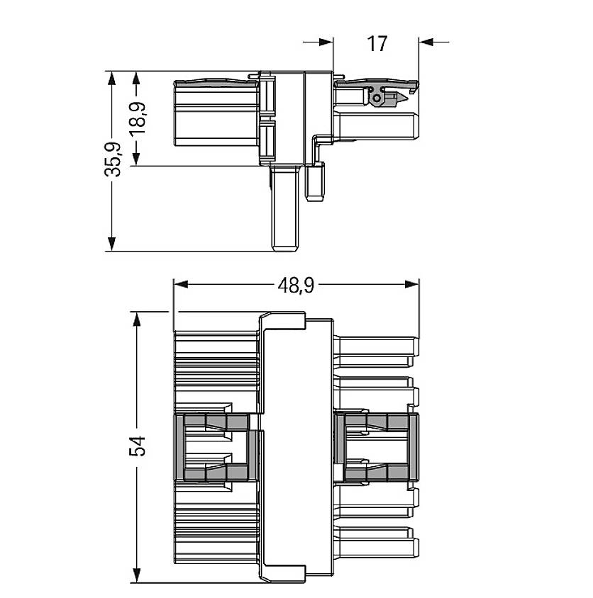 Műszaki rajz egy csatlakozóról méretekkel: 17 mm, 35,9 mm, 54 mm és 48,9 mm. Elő- és oldalnézetet mutat.