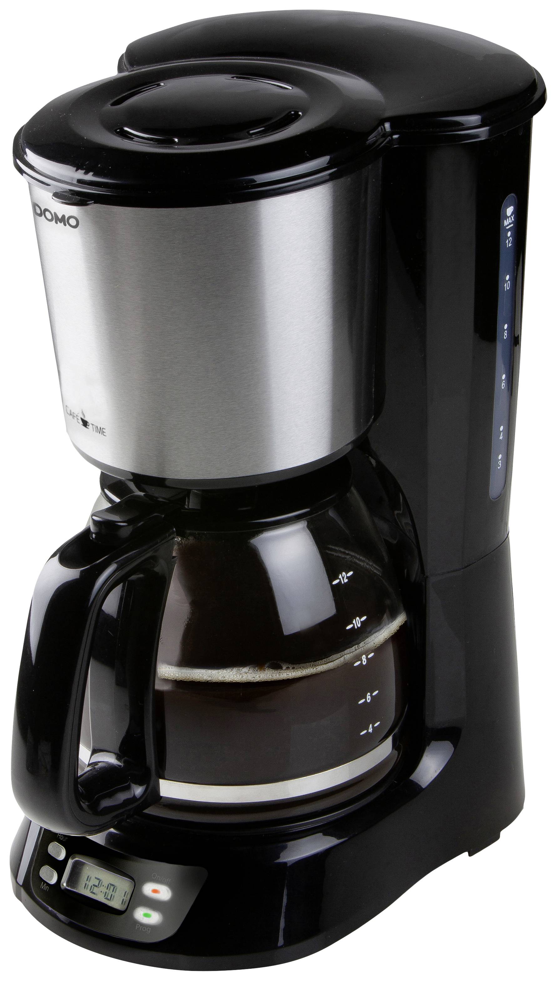 Fekete filteres kávéfőző üvegkancsóval, ezüstös víztartállyal, csepegésgátlóval, vízszintjelzővel és digitális órakijelzővel.