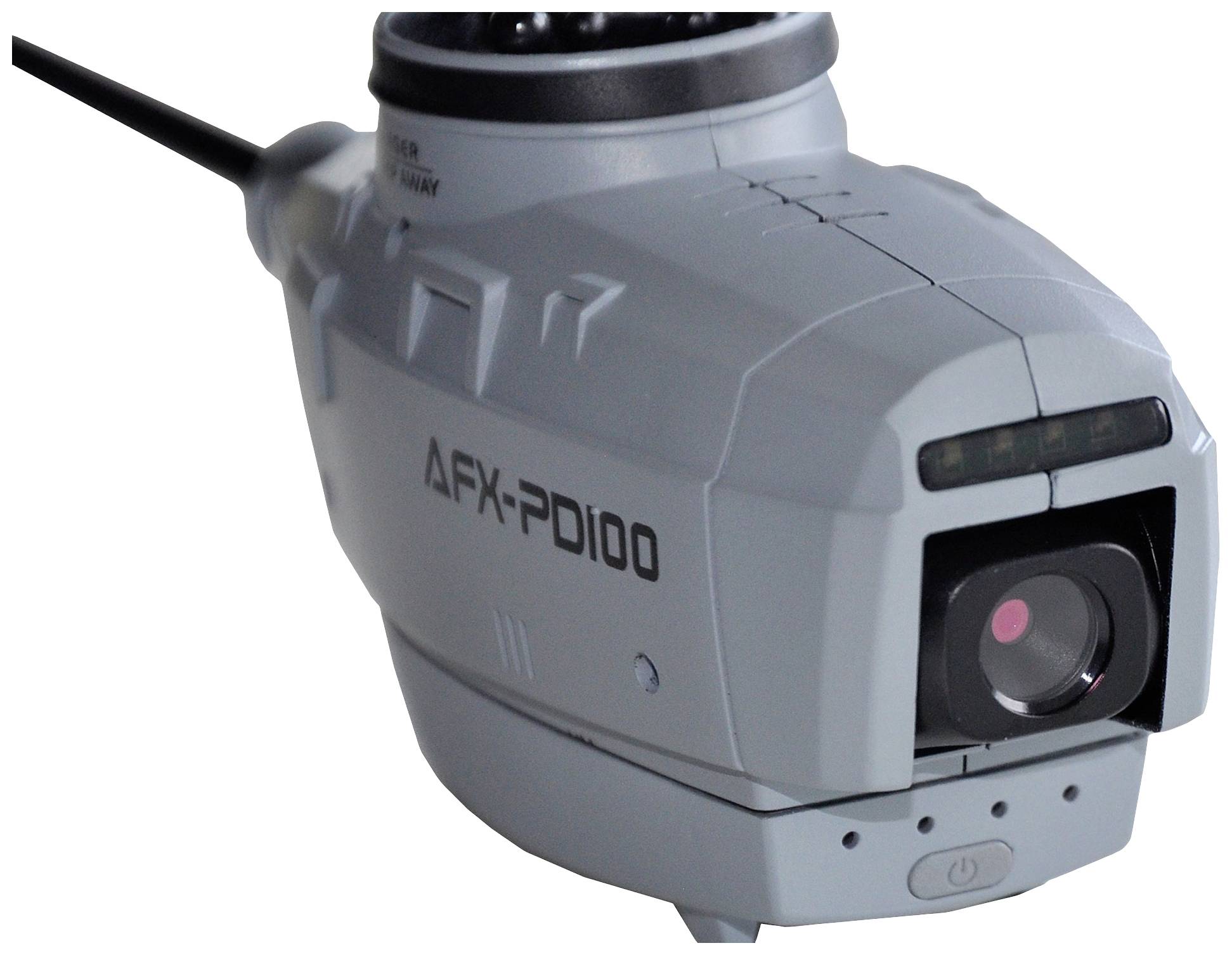 Szürke biztonsági kamera, 'AFX-PD100' modell, előre irányítva.