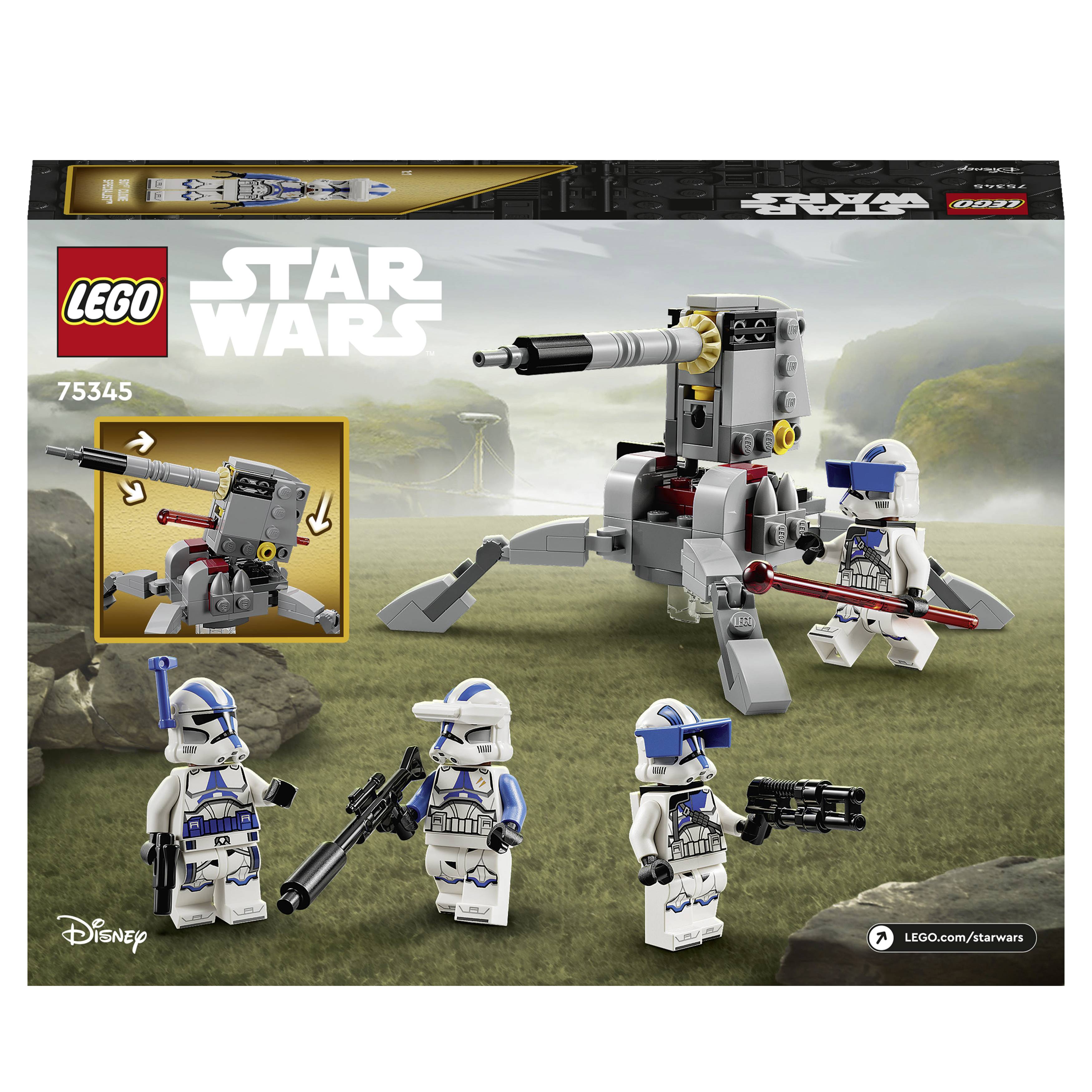 Lego Star Wars Szett '75345': Három klónkatona és egy ágyú egy zöld tájon. Dobozképen a modell és a figurák.