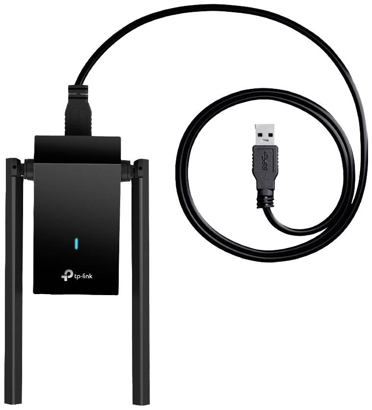 TP-Link fekete USB-s vezeték nélküli adapter két antennával, alkalmas a hálózati kapcsolat javítására.