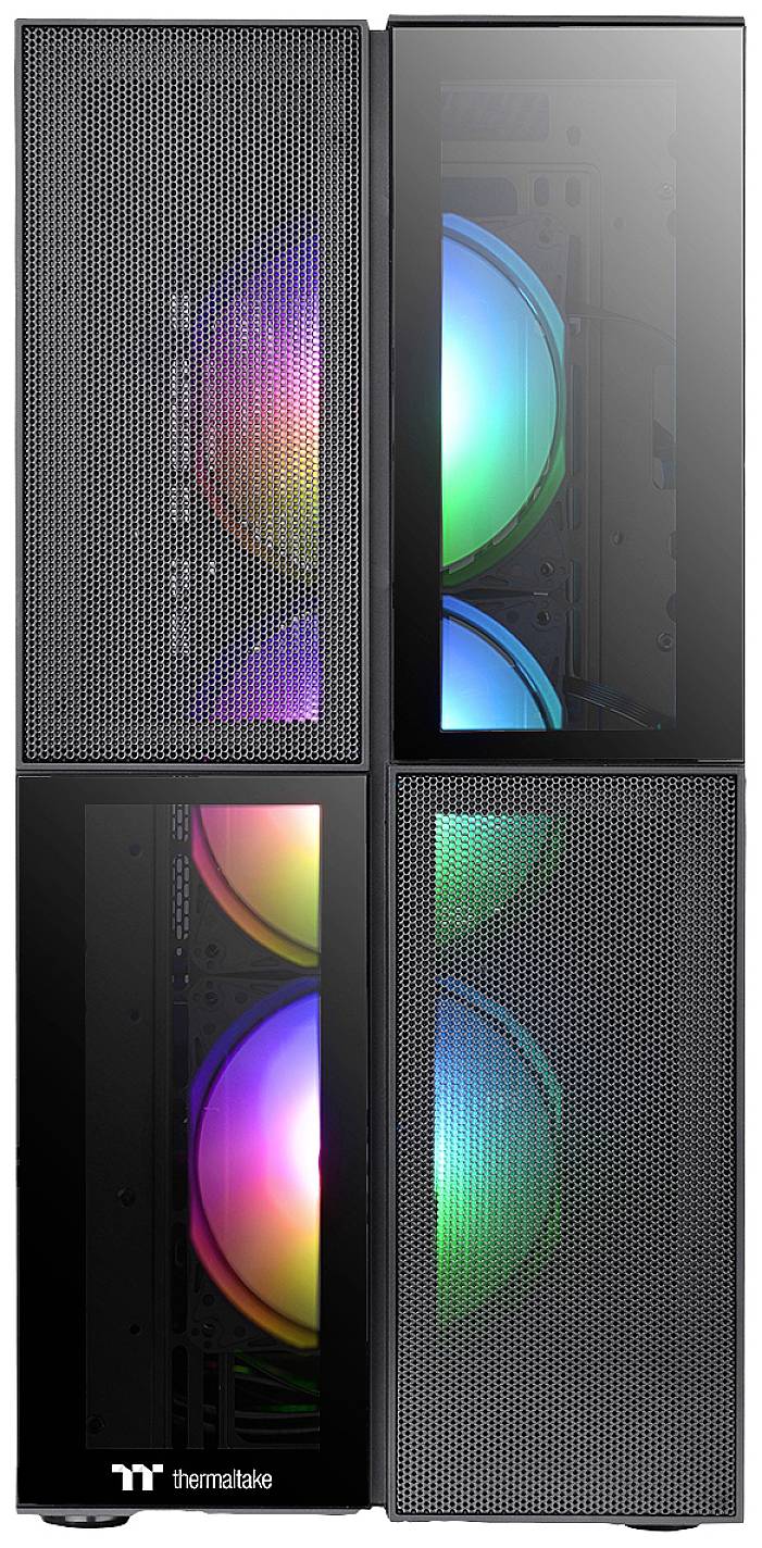 Egy számítógépház négy RGB-ventilátorral, amelyek különböző színekben világítanak. Az előlapja félig üveg, félig háló.