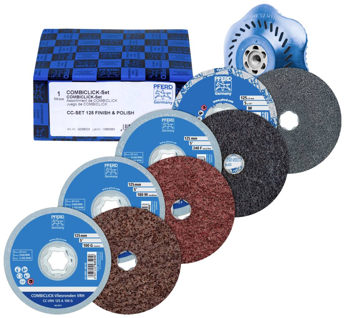 PFERD TOOLS 42098003 COMBICLICK gyapjú tárcsakészlet Ø125mm VRH A100C, 180M, 240F és PNER WF CC-H-GT alátéttel a befejezéshez Ø 125 mm