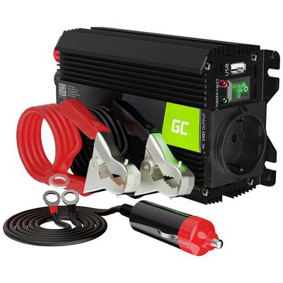 Inverter USB-csatlakozóval, két kábel krokodilcsipesszel és egy autós adapter, fehér háttéren bemutatva.