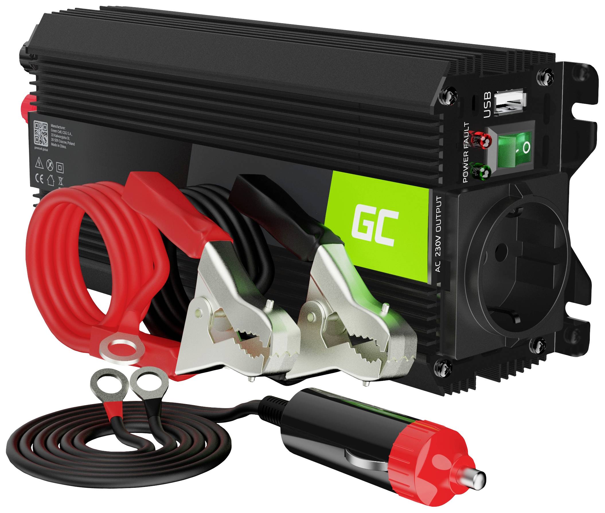 Feszültségátalakító csatlakozókkal, dugaljjal és USB-portokkal, 12V egyenáram 230V váltóáramra történő átalakítására, mobil használatra alkalmas.