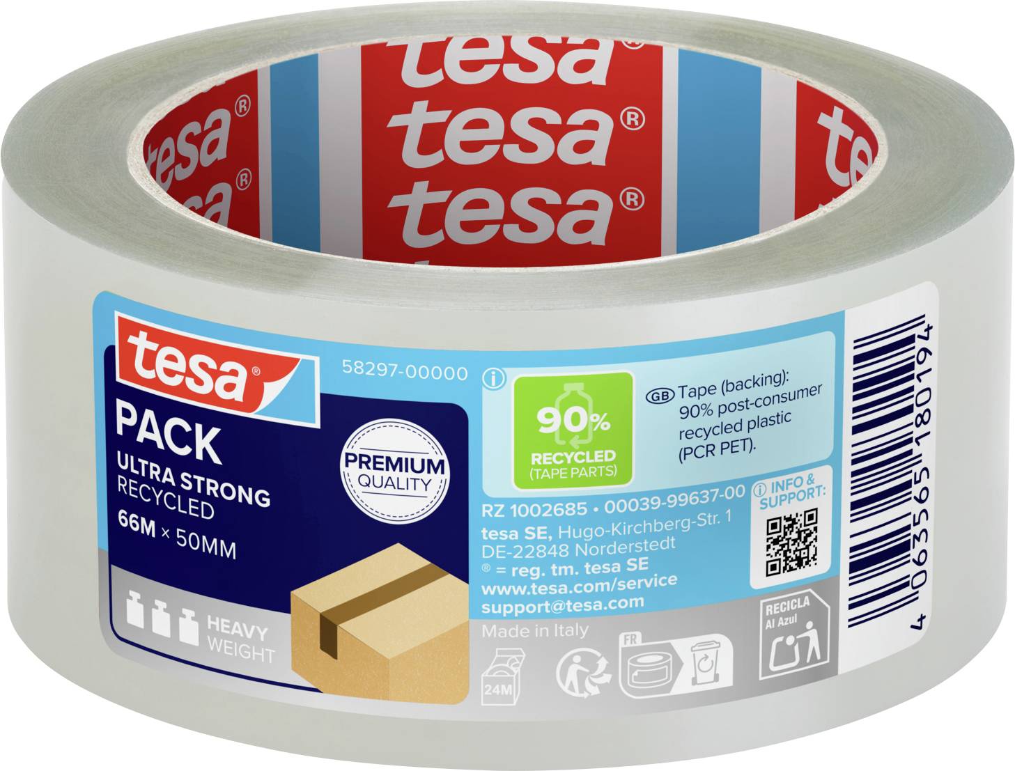 Átlátszó csomagolási szalag tekercs "tesa" márkázással. A címke kiemeli a "90% újrahasznosított szalagalkatrészeket" és a "66M x 50MM" méreteket.