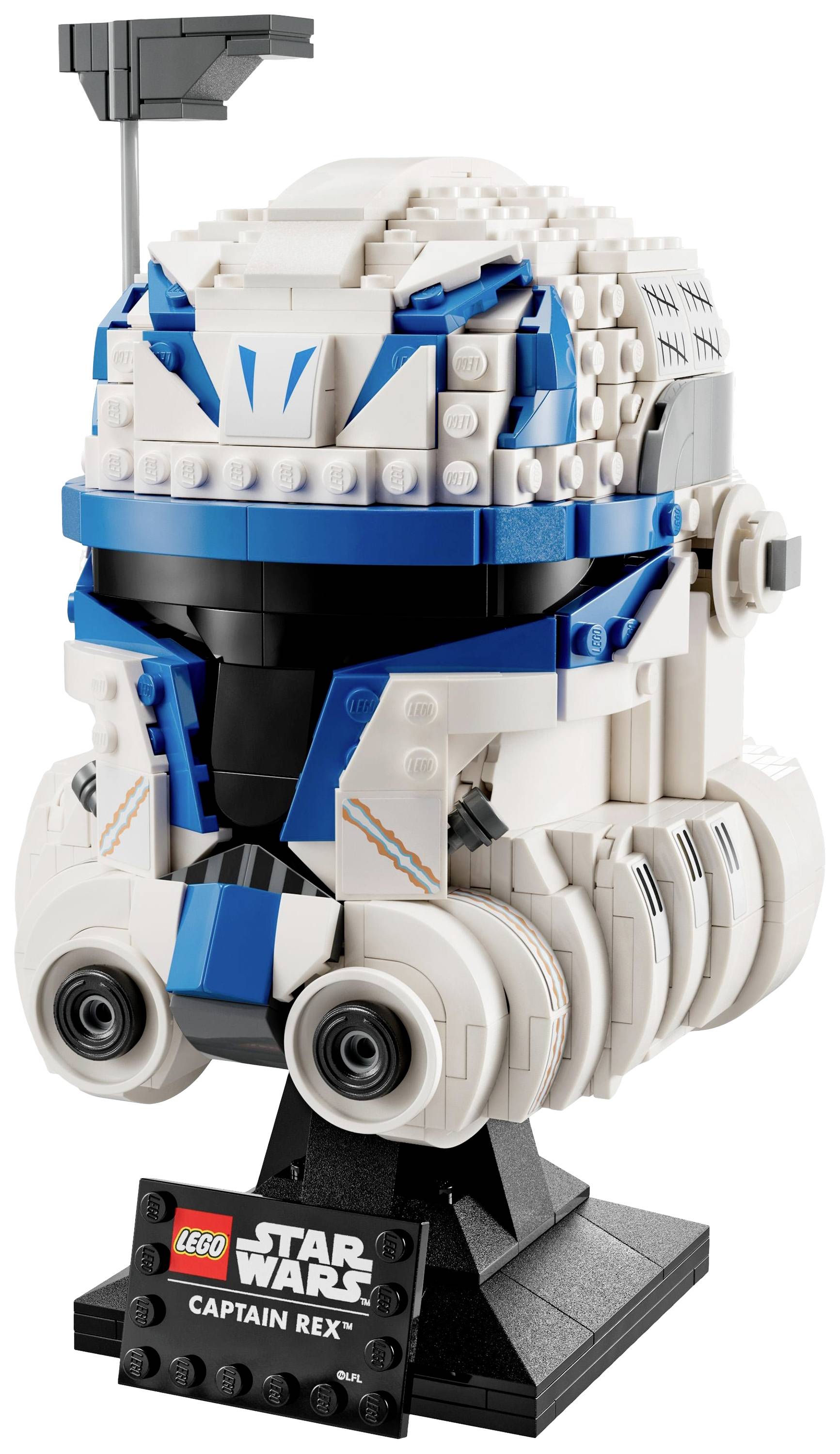 A Star Wars sisak Lego modellje, Captain Rex alapján, fehér és kék árnyalatokkal, fekete talapzaton névtáblával.