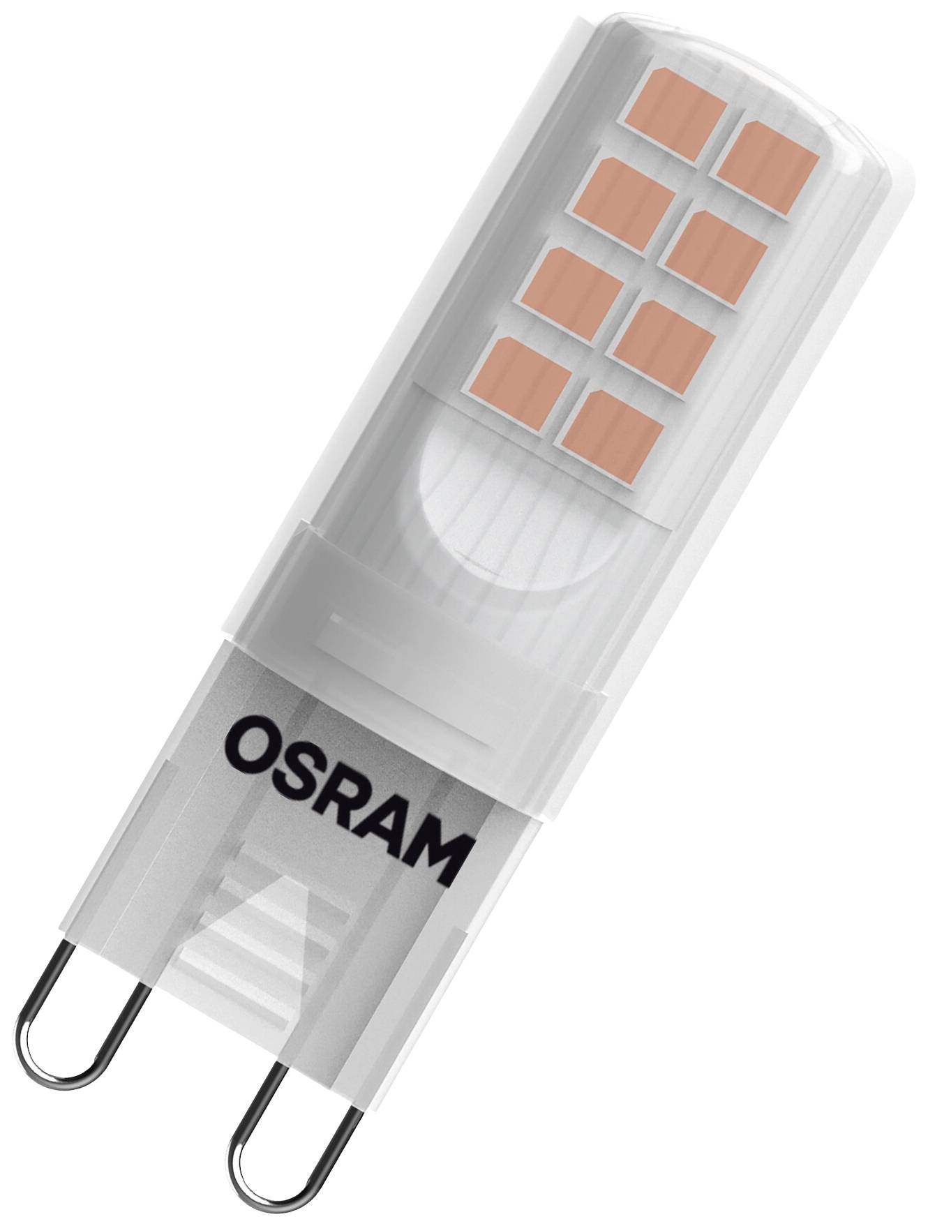 Egy OSRAM LED-égő G9-es foglalattal. Átlátszó burkolat, kis téglalap alakú fényforrások láthatók. Energiatakarékos és kompakt.