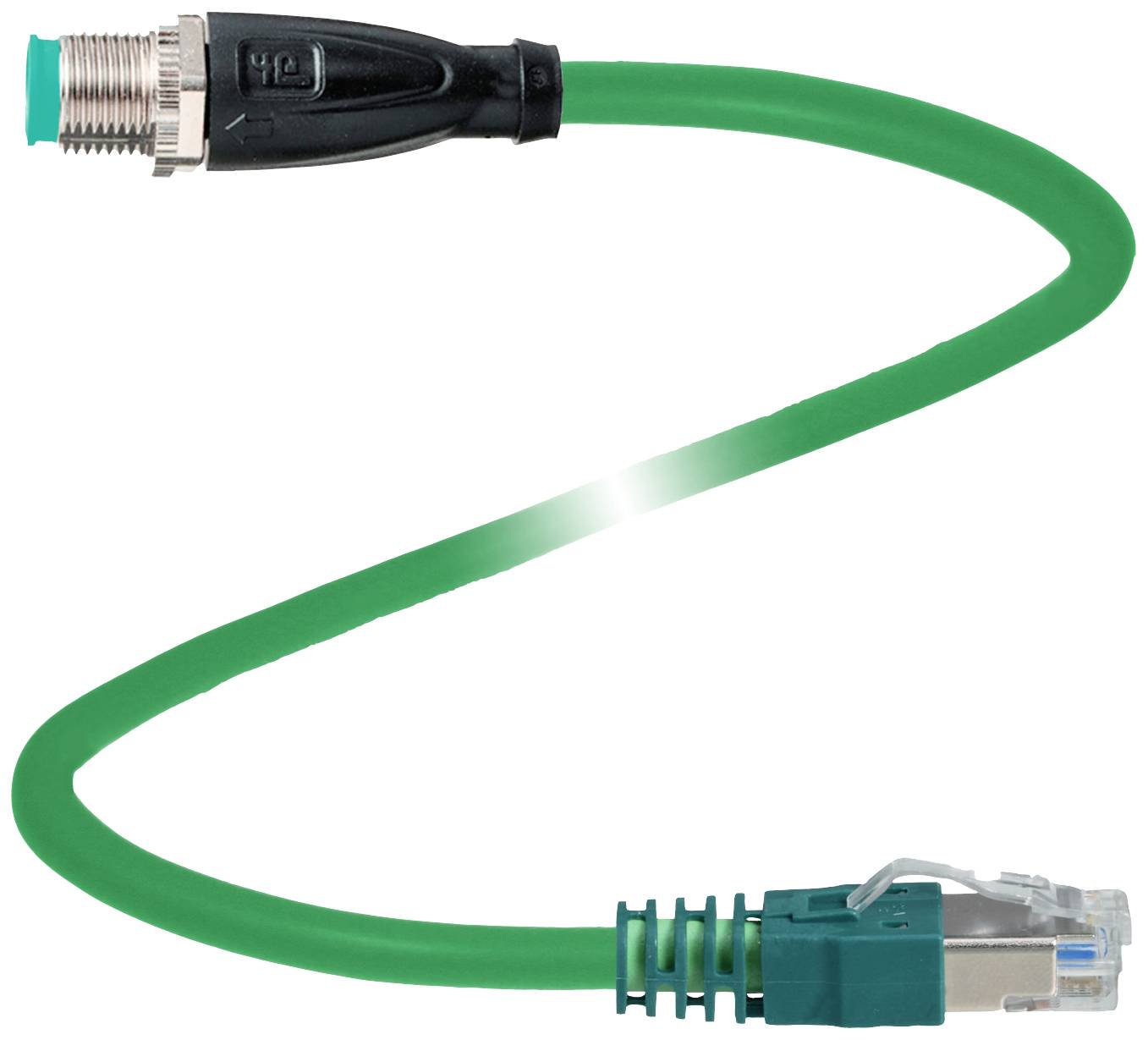 Zöld Ethernet-kábel RJ45-ös csatlakozóval az egyik végén és M12-es csatlakozóval a másik végén, jellemzően hálózati alkalmazásokhoz.
