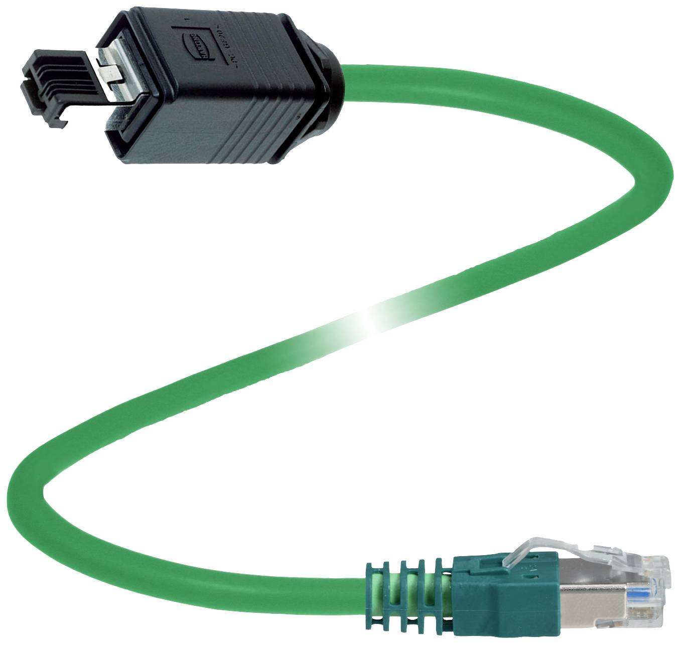 Zöld, hajlított Ethernet-kábel, amelynek egyik végén szürke, másik végén fekete csatlakozó van.