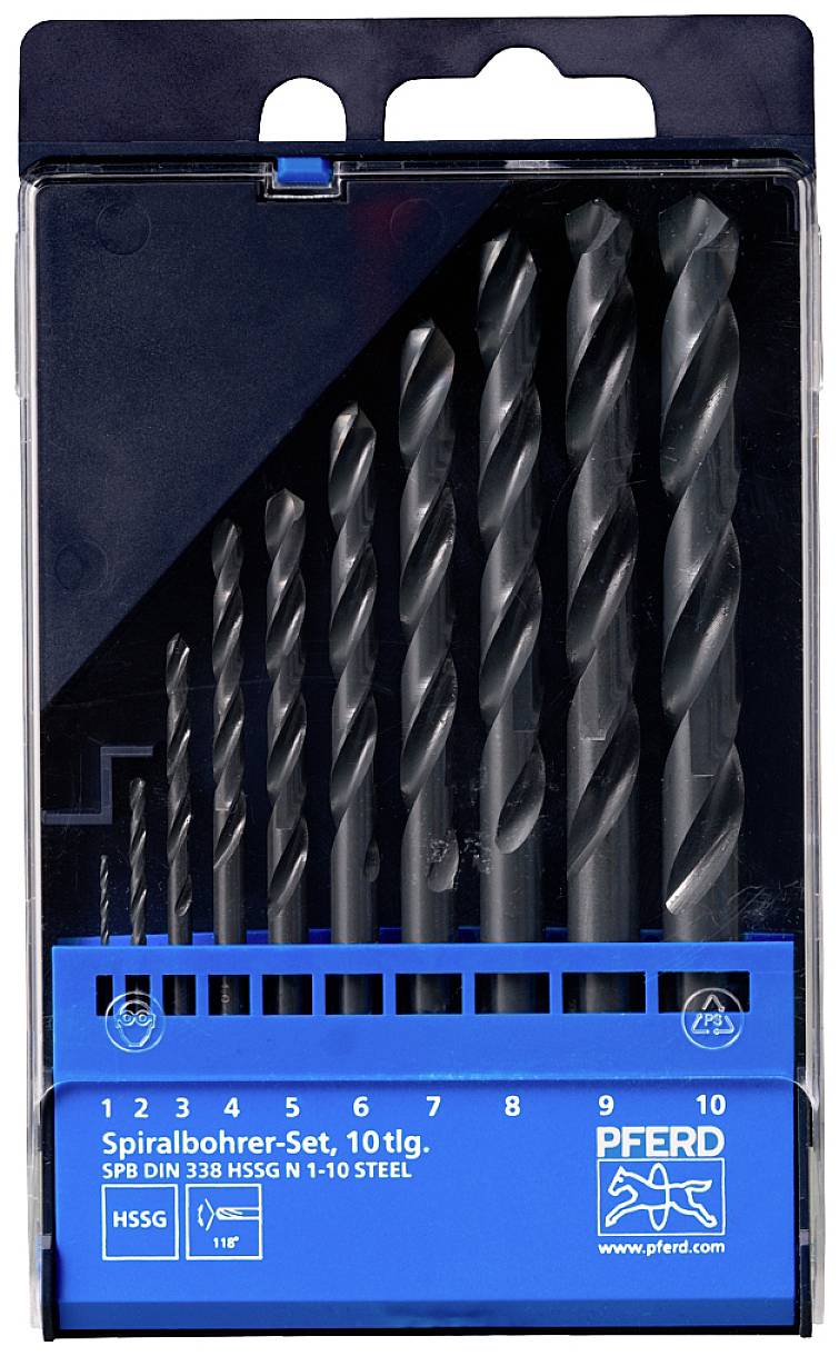 Spirálfúró készlet, 10 darabos, SPB DIN 338 HSSG N 1-10 STEEL, különböző méretekkel, kék csomagolásban.