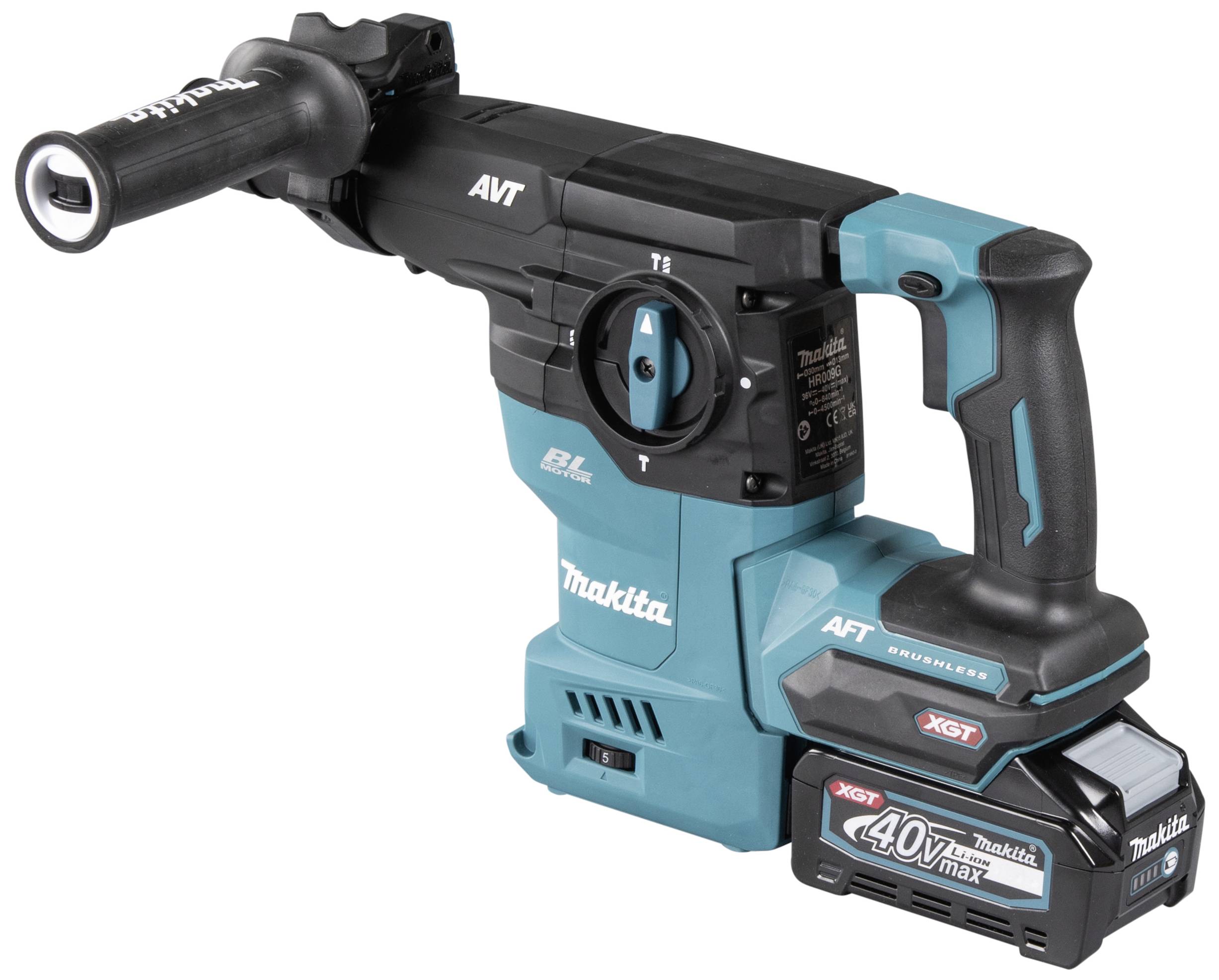 Egy Makita elektromos fúrókalapács, kék-fekete burkolattal, ergonomikus markolattal építkezési munkálatokhoz.