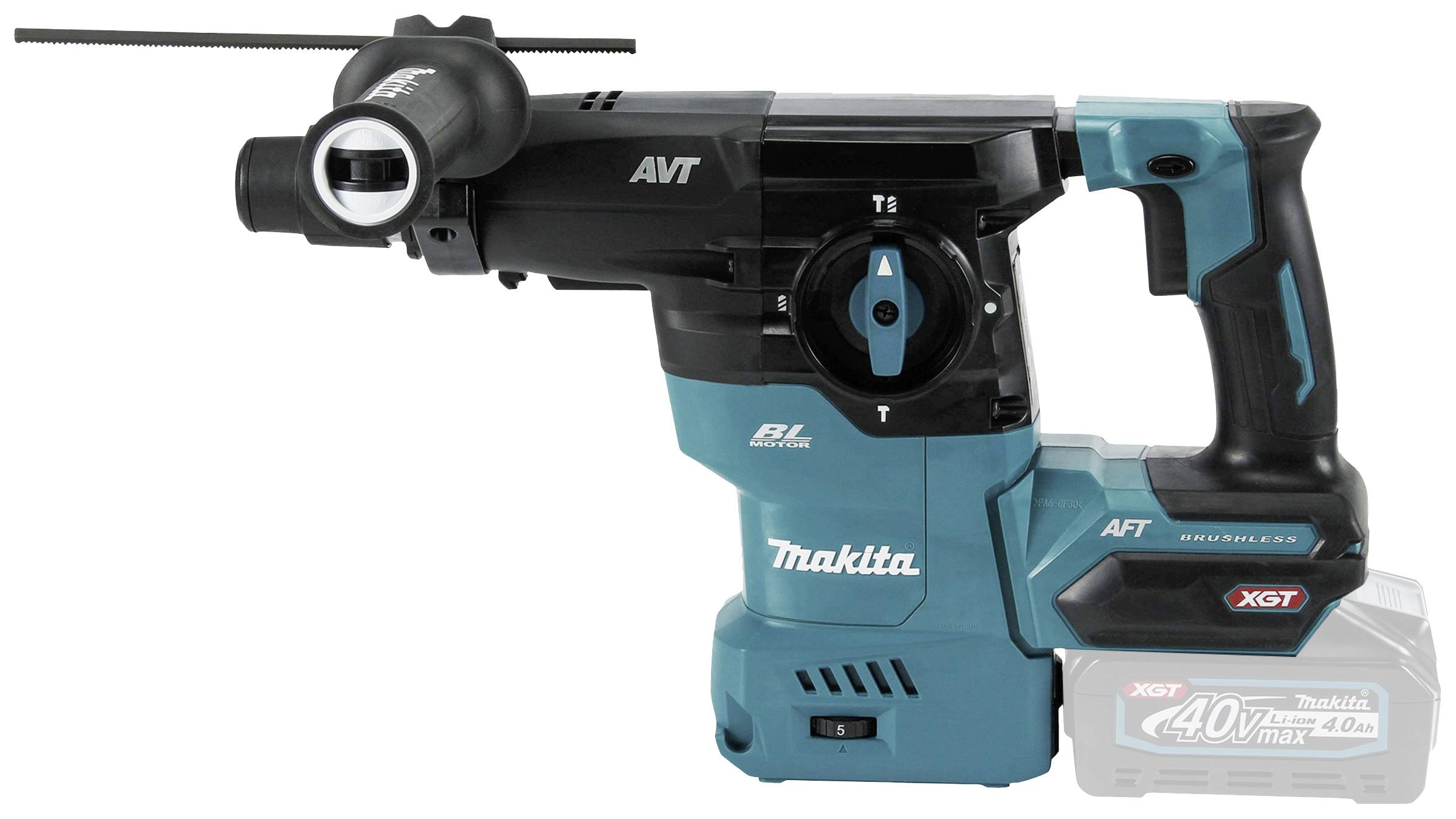 Egy kék Makita fúrókalapács, amelyen a '40V max 4.0Ah' felirat látható, oldalról megmutatva, különböző funkciókkal és gombokkal.