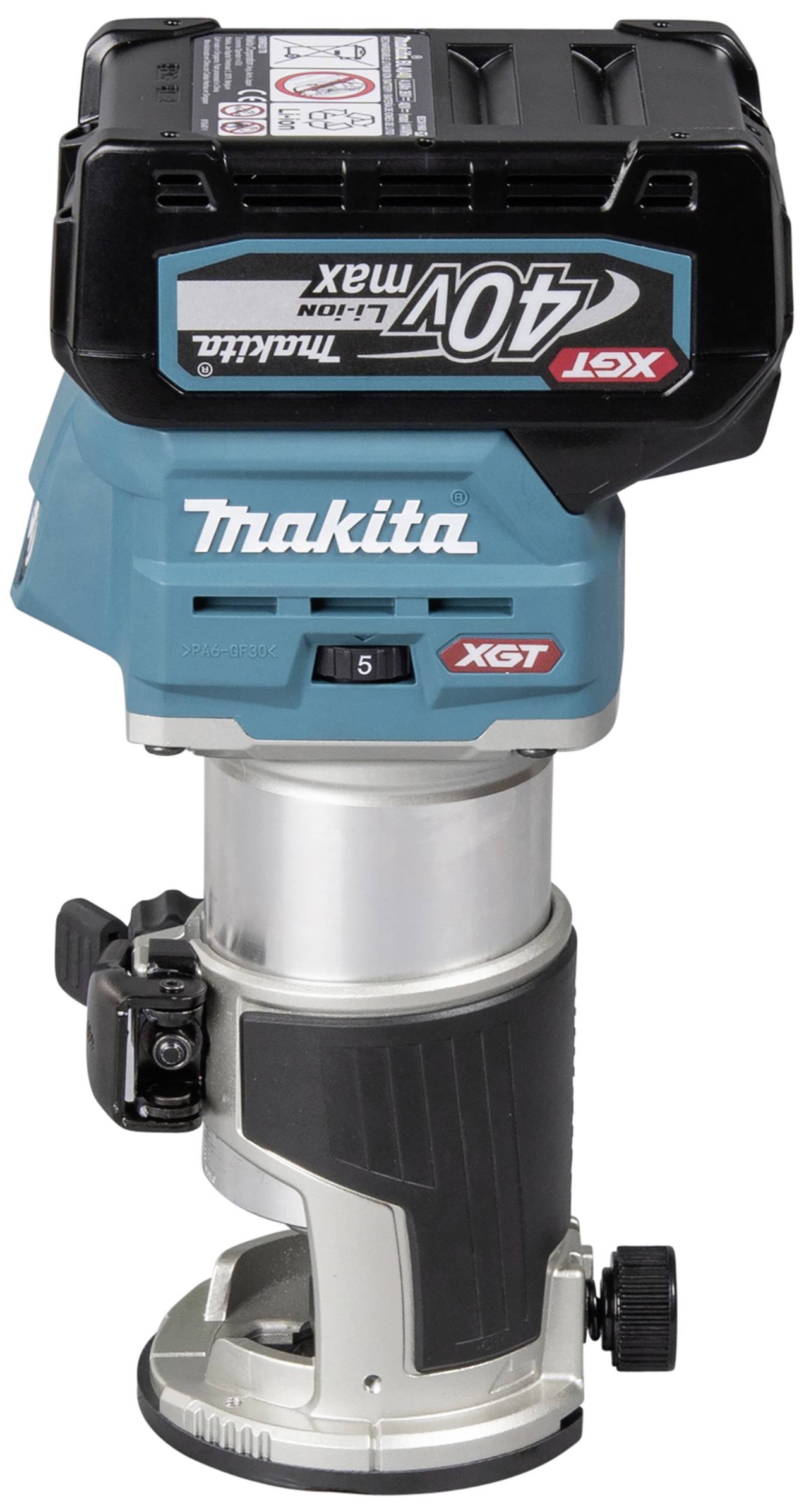 Makita felső marógép 40V akkumulátorral és kék házszínnel, alkalmas precíziós famegmunkáláshoz.