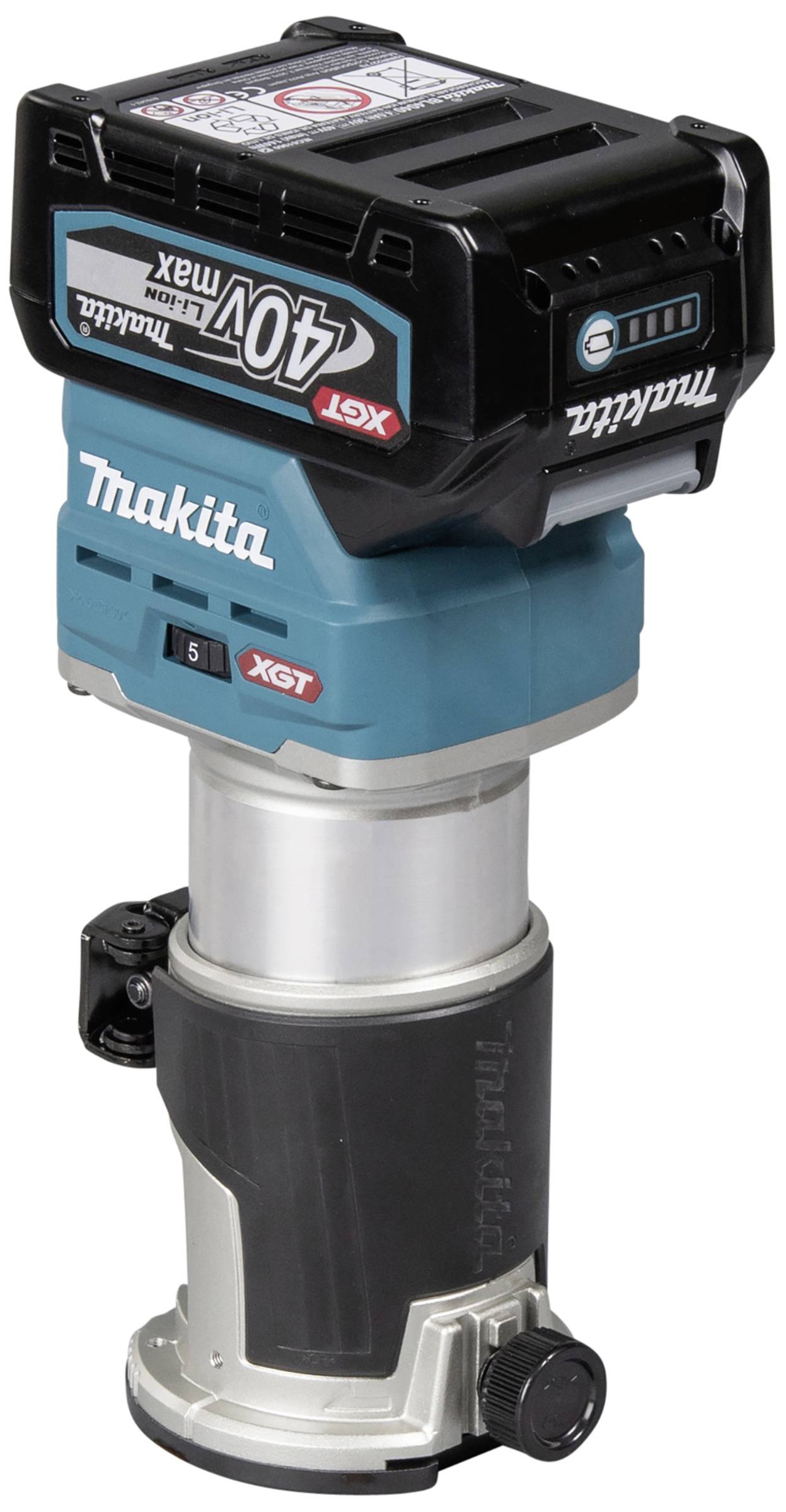 Egy Makita 40V Max teljesítményű akkumulátoros élmaró. A készülék kompakt és vezeték nélküli, alkalmas precíz famegmunkálásra.