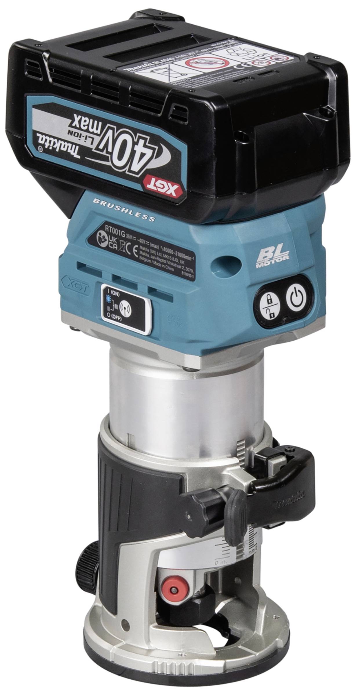 Egy 40V Max XGT technológiájú, vezeték nélküli trimmer a Makitától, kék és fekete színben, tökéletes finomabb famegmunkálási feladatokhoz.