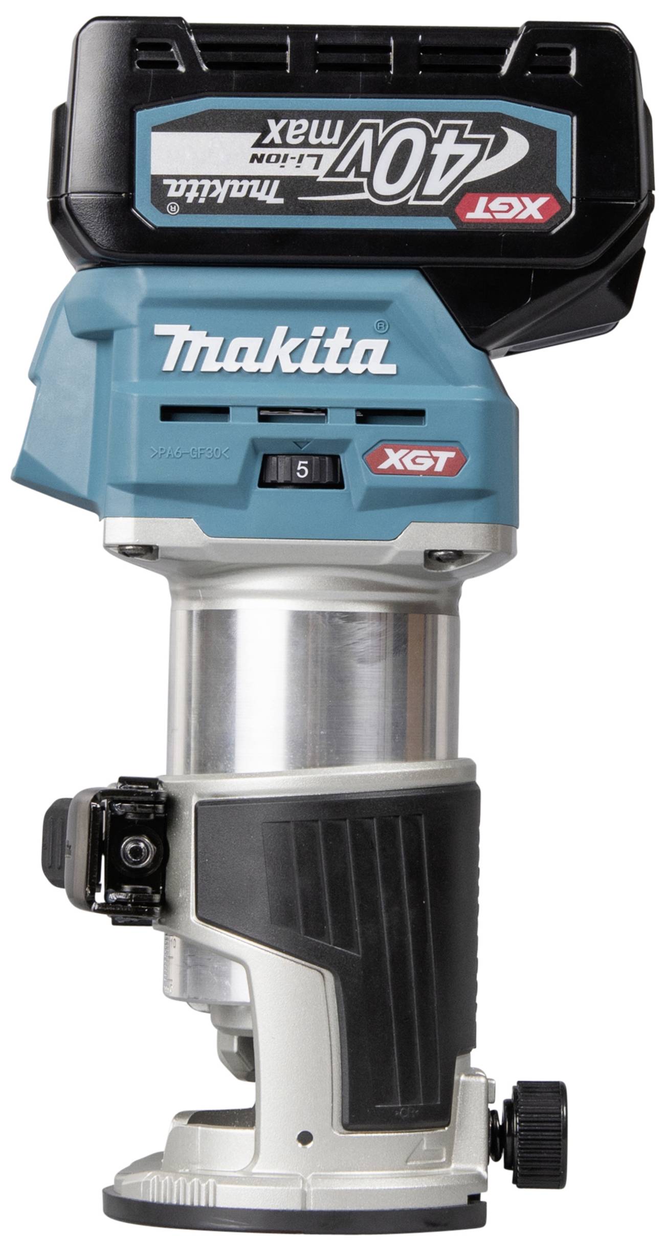 Egy kábel nélküli Makita felsőmaró XGT sorozatból, 40V Max, kék házburkolattal és fekete fogantyúval, precíziós marási munkákhoz alkalmas.