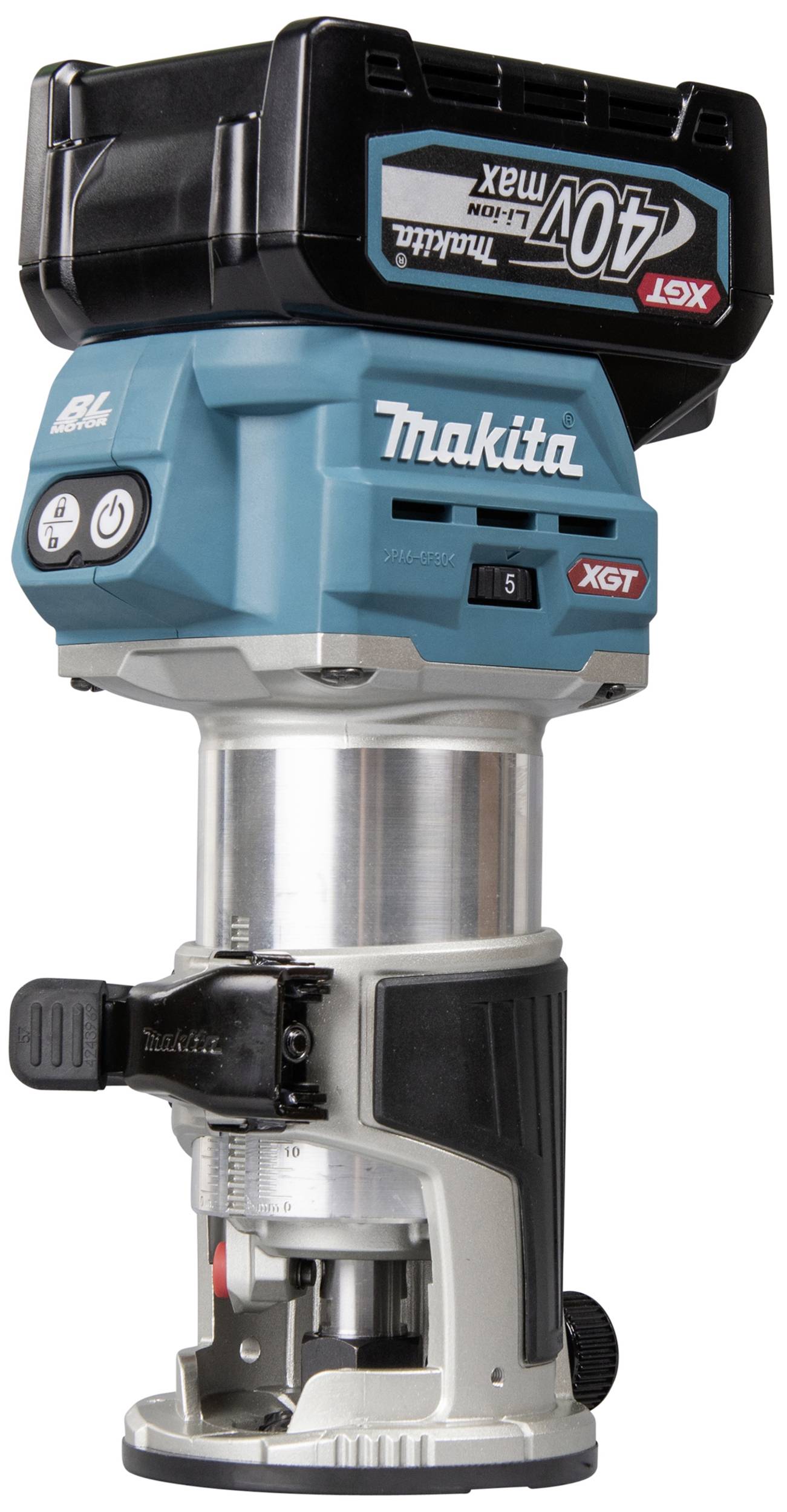 Egy kék, vezeték nélküli Makita frésmototor 40V-os akkumulátorral, XGT modell. Fémházas és precíziós munkákra alkalmas.