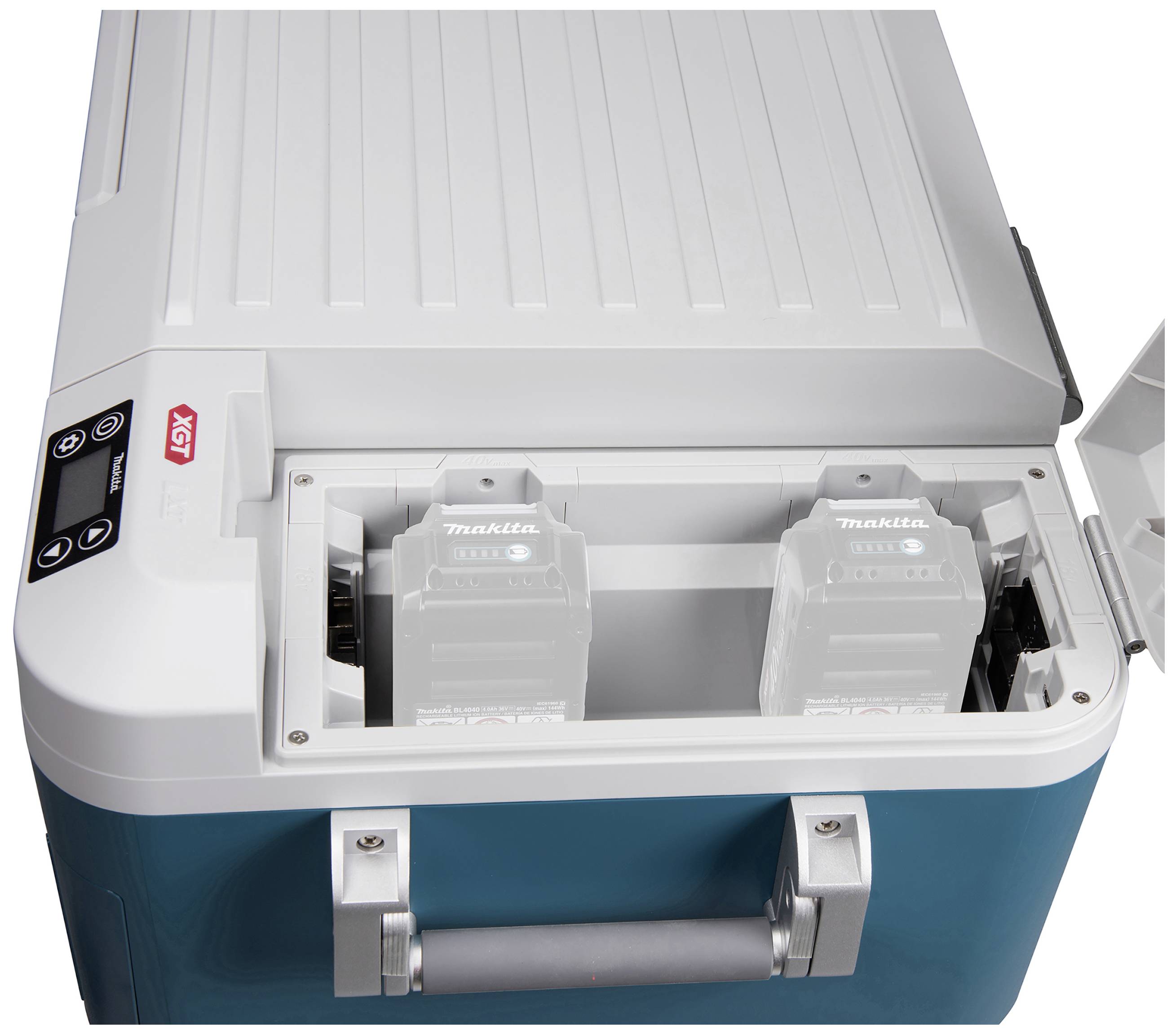 'Cooling and heating box with two battery compartments; open compartment shows inserted batteries.'