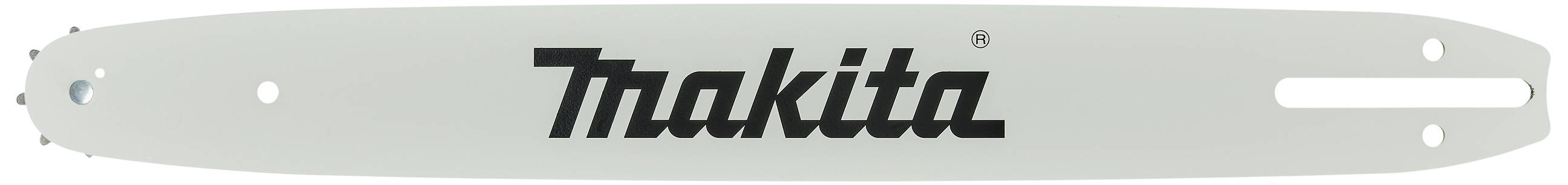 A kép egy ezüstszínű vezetősínét mutatja, amelyen fekete betűkkel a 'Makita' felirat olvasható. A sín egy láncfűrészhez tartozik.
