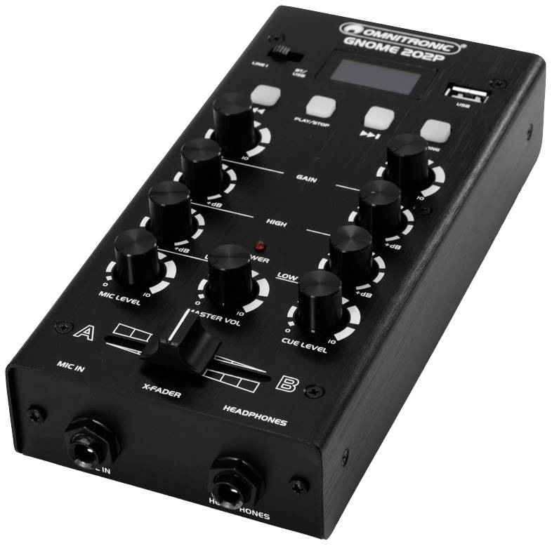 Fekete Omnitronic Gnome 202P DJ-keverő több forgógombbal és kezelőelemmel, mikrofon bemenettel, fejhallgató kimenettel és faderrel.