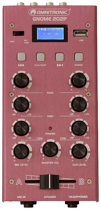 Piros audió keverőpult 'Omnitronic GNOME 202P' hangerő, szint és EQ vezérlőgombokkal. A mini kijelzőn felül '00 00 1000 BT LINK' látható.