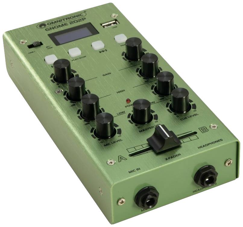 Zöld DJ-keverőpult több forgókapcsolóval, kapcsolókkal és csatlakozókkal. Felirata: 'Omnitronic Gnome 202P'.