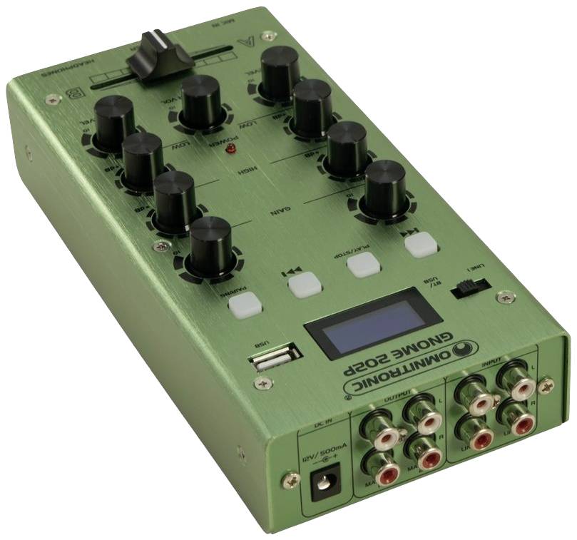 Zöld audioeszköz több forgókapcsolóval, gombbal és csatlakozóval. Felirata: 'OMNITRONIC GNOME-202P'.