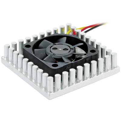 'Heatsink with small fan for computer, square with silver cooling fins, black fan, and yellow, red, black cables.'