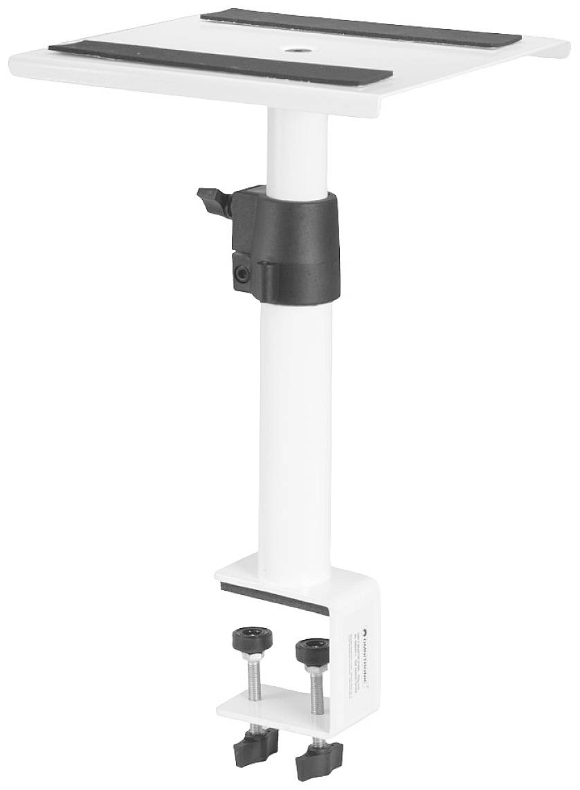 Fehér fém monitorállvány, magasságállítható, asztali szorítókapoccsal az asztal széléhez rögzíthető. Irodai használatra alkalmas.