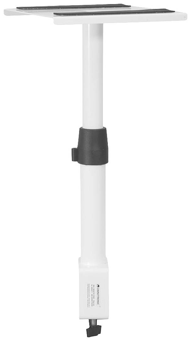 Állítható fehér teleszkópos támasz, amelyet gyakran használnak bútorok vagy polcrendszerek alátámasztására.