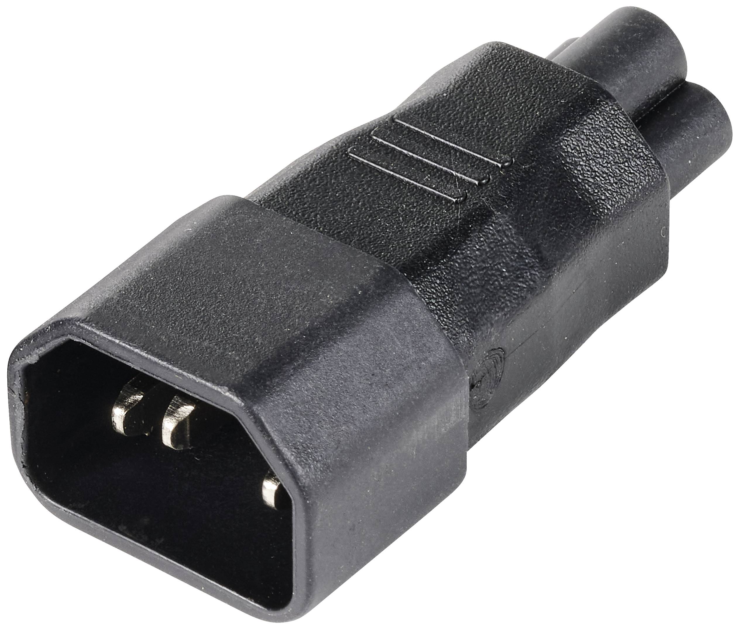 Fekete elektromos csatlakozó, téglalap alakú, három fémérintkezővel. Elektronikai eszközök áramellátásához használják.