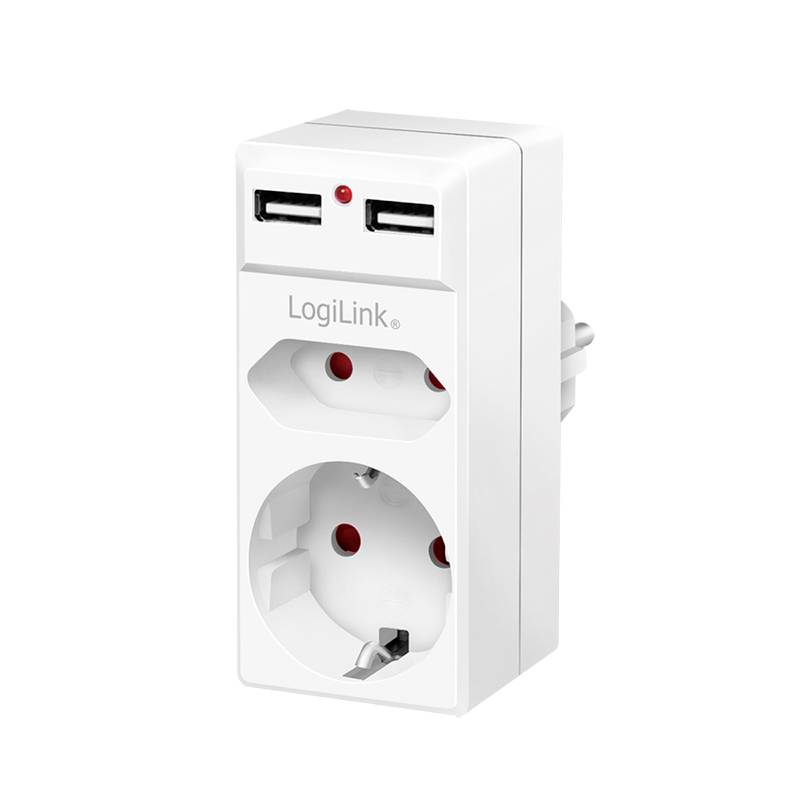 Kétszeres dugalj USB-csatlakozókkal. Fehér ház. LogiLink márka. Alkalmas több eszköz egyidejű töltésére.