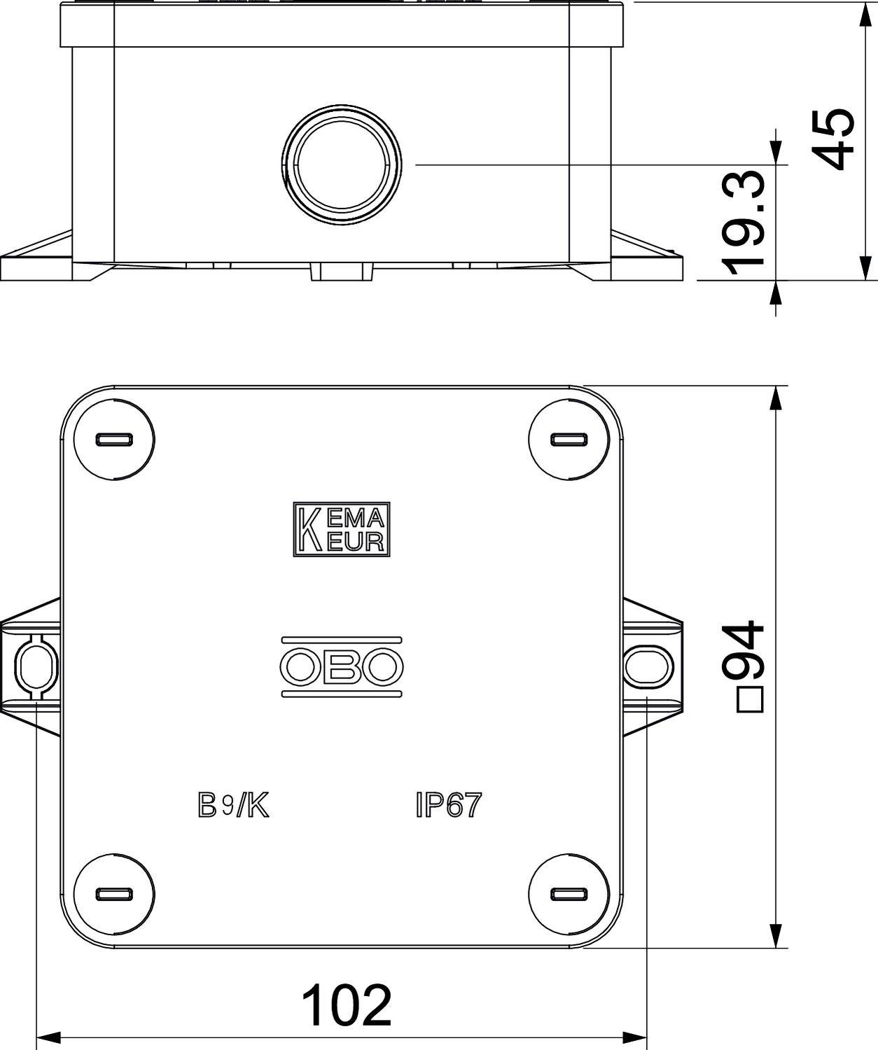 OBO típusú téglalap alakú elosztódoboz műszaki rajza a következő méretekkel: 102 mm szélesség, 94 mm magasság, 45 mm mélység, védettségi fokozat IP67.