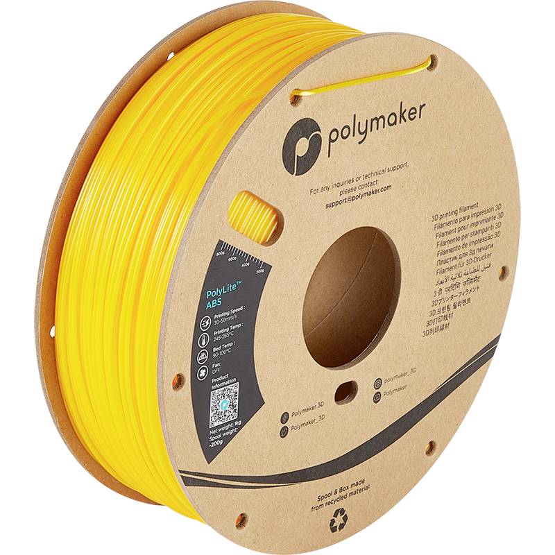 Egy sárga 'Polymaker' márkájú 3D-nyomtató filament tekercs, kartonorsón, amely kompatibilis különböző 3D-nyomtatókkal.