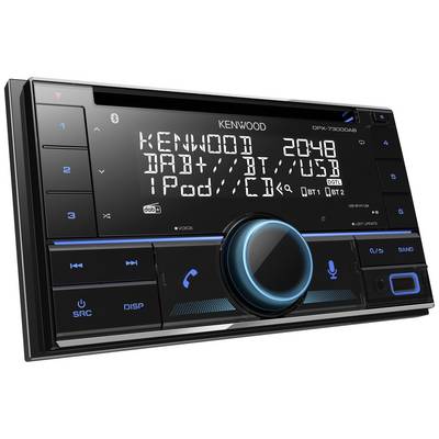 Autórádió képernyővel mutatja a 'KENWOOD', 'DAB+', 'BT AUDIO', 'USB' feliratokat és az időt 20:48-kor. Forgatógomb és gombok az előlapon.